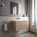 Meuble vasque de salle de bain mdf ch�ne miel avec lavabo fonte min�rale blanc mat - 80x45, 6x50cm - ...