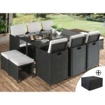 Fira - salon de jardin encastrable 10 places - en rsine tresse - noir avec coussins beiges + housse ...