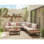 Salome - salon bas de jardin 5 places + table - modulable - bois, m�tal et coussins beiges