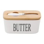Beurrier en porcelaine avec couteau et couvercle en bois pour 250 g blanc 16, 5 x 10 x 7, 5 cm