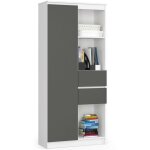 Akord - biblioth�que de bureau r15 blanche 80 cm 1 porte 2 tiroirs fa�ade gris graphite mat 7 �tag�res ...