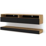 Salone srl - meuble tv stand duo 160 suspendu et au sol de couleur chne avec faades noires
