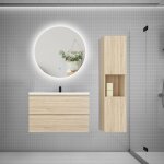 Biubiubath - ensemble meuble ch�ne et vasque l. 80cm 2 tiroirs + colonne1 haut + lavabo + miroir 60x60cm ...