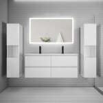 Biubiubath - ensemble meuble de salle de bains 120cm, double vasque + colonne + led miroir rectangulaire, ...