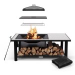 Brasro salon de jardin exterieur - foyer 3 en 1, gril et table avec grille, tisonnier, pare - etincelles, ...