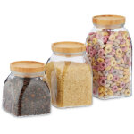 Bocaux en verre lot de 3, 600, 1000, 1400 ml, pour crales, ptes, couvercle en bambou, transparent ...