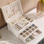 Bote  bijoux, coffre 3 niveaux rangement bijoux verrouillable avec clef, en cuir impermable, pour ...