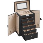 Bote  bijoux 6 niveaux, crin  accessoires, coffre, 5 tiroirs, miroir, serrure, rangement bijoux, ...