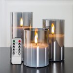 Bougies scintillantes sans flamme en verre gris argent� avec t�l�commande, paquet de 3 fausses bougies ...