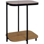 Sweeek - bout de canap� vintage en m�tal noir avec 2 plateaux (verre et d�cor bois). bords arrondis