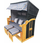 Corbeille de plage mer baltique xxl 3 personnes 160 cm de large en osier raye brun et bleu inclinaison ...
