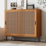 Buffet 100 cm avec 2 portesen en rotin et �tag�res r�glables, style campagnard, buffet de rangement avec ...