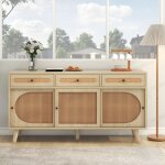 Buffet bois 140 cm, buffet salon avec porte en rotin plastique pe et �tag�res r�glables, 3 portes coulissantes ...