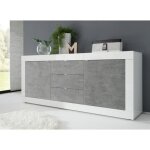 Meublorama - buffet 2 portes et 3 tiroirs, collection isora, coloris blanc et gris effet bton