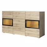 Buffet ramos ? 2 portes vitres + 3 tiroirs ? coloris chne et noir ? design contemporain ? led non incluse ...