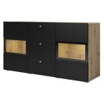 Meublorama - buffet ramos 130 cm ? chne et noir super mat ? 2 portes vitres et 3 tiroirs ? sans led ...