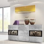 Meublorama - buffet ramos ? 2 portes vitres + 3 tiroirs ? gris effet bton et noir ? sans led