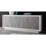 Buffet 4 portes en bois, collection fall, coloris blanc brillant laqu et gris aspect bton