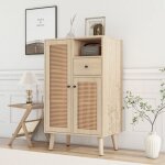 Buffet aspect bois, 2 portes en rotin, 1 tiroir, meuble d'angle, commode, buffet de rangement, couleur ...
