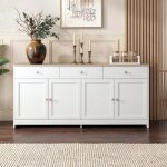 Buffet bahut meuble de rangement blanc effet bois 160x37x75 cm, avec 4 portes et 3 tiroirs, pour salon ...