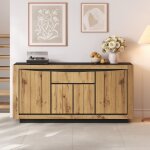 Buffet bas bois et noir 140x38, 5x52 cm avec 4 portes et 1 tiroir. meuble d'appoint sans poign�es pour ...