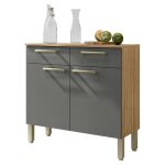 Buffet bas meuble cuisine 2 portes 2 tiroirs chne et gris 2 niches 91 cm