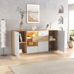 Wishdor - buffet blanc et bois, buffet salon, buffet led avec 2 portes et 4 tiroirs, tagre en verre, ...
