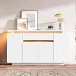 Buffet blanc avec led 140 x 40 x 80 cm commode � 1 tiroir et 4 portes avec �tag�res r�glables meubles ...