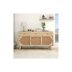 Buffet en bois, meuble avec 3 tiroirs et étagères réglables, porte coulissante en rotin plastique pe, ... Buffet en bois, meuble avec 3 tiroirs et étagères réglables, porte coulissante en rotin plastique pe, ...