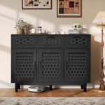 Buffet en bois avec 3 tiroirs et 3 portes en cannage rotin, enfilade style maison de campagne, meuble ...