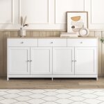 Buffet en bois blanc vein� 160 l x 37 b x 75h - buffet avec 4 portes et 3 tiroirs pour salon, salle � ...
