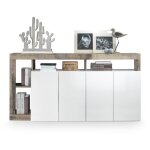 Buffet bura ? 4 portes ? blanc laqu� brillant et ch�ne clair ? design moderne ? l184 cm