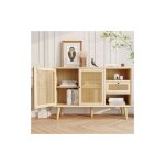 Buffet en bois, commode avec 1 tiroir et 2 portes magnétiques, tissage en rotin, pieds en bois massif, ... Buffet en bois, commode avec 1 tiroir et 2 portes magnétiques, tissage en rotin, pieds en bois massif, ...
