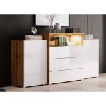 Buffet commodes 2 portes 3 tiroirs ch�ne et blanc avec led -