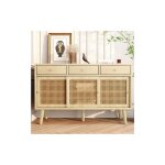 Buffet, commode  3 tiroirs, armoire avec tagres rglables et 3 portes coulissantes, portes en rotin ...