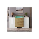 Buffet, commode moderne, placard 140 cm, coloris blanc brillant et bois, effets lumineux led multicolores ...
