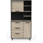 Buffet de cuisine 2 portes + 3 tiroirs coloris ch�ne kronberg, noir mat - longueur 92 x hauteur 179, ...