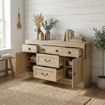 Buffet de cuisine, 2 portes et 5 tiroirs, meuble de rangement salle � manger, 135x40x80 cm, style scandinave ...