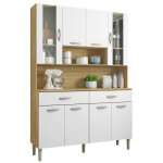 Buffet de cuisine 8 portes 2 tiroirs chne et blanc l 121. 4 h 173. 5 p 36. 3 cm