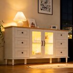 Buffet design 150 cm blanc et bois ? 2 portes acryliques sans poign�e, 6 tiroirs, �clairage led int�gr�, ...