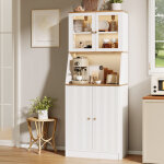 Buffet haut cuisine avec lumi�re led, meuble de rangement avec portes et plan de travail, vaisselier, ...