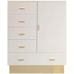 Buffet haut moderne 5 tiroirs et 1 porte nestor taupe clair et or