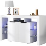 Buffet moderne, armoire de cuisine avec clairage led, panneau de particules, avec 4 tagres en verre ...