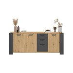 Buffet loft - d�cor chene artisan et m�lamine gris ombre - 3 portes et 3 tiroirs - l 220 x p 52 x h 86. ...