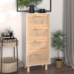 Bonnevie - buffet meuble de rangement commode bahut blanc 40x30x90 cm bois de pin massif et rotin naturel ...