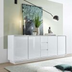 Buffet moderne 210cm 4 portes 3 tiroirs blanc brillant maine ice