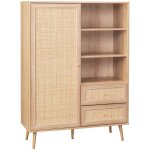 Buffet de rangement cannage et dcor bois. buffet haut. vaisselier. 1 porte. 2 tiroirs. 6 tagres