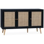 Sweeek - buffet de rangement en cannage. noir 120x39x70cm - boh�me - 2 niveaux. 3 portes. pieds scandinaves. ...