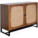 Sweeek - buffet rtro dcor bois fonc et cannage. buffet haut. vaisselier. 2 portes avec pieds en mtal ...