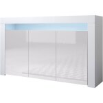 Buffet de salon bas 3 portes avec led bleue 155x91, 5x37cm meuble de rangement mod�le aker couleur blanc ...